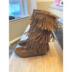 Minnetonka  Triple Fringe Brown Suede Moccasin Pull On Boot Size 7 Boho Photo 3