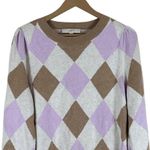 Loft  Pullover Sweater Womens XL Tan Purple Argyle Cotton Puff Sleeve Preppy Photo 3