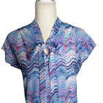 Vintage 80s Blouse Bow Tie Small Zigzag Pastel Purple Blue Short Sleeve Sheer Size M Photo 1