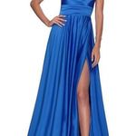 La Femme 28571 Deep V Faux Wrap Neck Lace-Up Back Satin Dress Photo 0