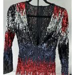 Sequin Romper Women's Long Sleeve Plunge V Neck Dance Cheer Club Mini Sz MED Red Photo 3