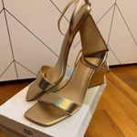 BP Parrker Women’s 7.5 Gold Square Toe Chunky Heel Ankle Strap High Heels Party Photo 2