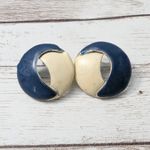 Vintage Earrings For Pierced Ears Circle Shape Cream & Navy Photo 0