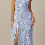 Rihoas Blue Round Neck Floral Slit Midi Dress Photo 0