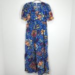 Tabitha Brown Blue Floral Puff Sleeve Maxi Dress Women Size 8 Linen Blend Resort Photo 1