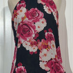Iz Byer Halter Top L Black Pink Rose Floral Smocked Hem Y2K Coquette Blouse Photo 0