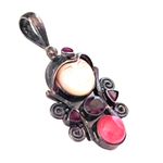 Sagen Silver Pendant Mother of Pearl Moon Face Garnet Ruby Peach Quartz Gemstone Photo 0