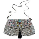 Beaded Boho Embellished Clutch Crossbody Bag w/ Chain Strap + Tassel Festival Black Photo 0