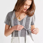 Urban Outfitters ‎ Outfitters Striped Wrap Top Short Sleeve Linen Cotton Blouse Size Large Photo 0