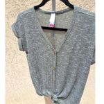 No Boundaries  Women's S Green Ribbed Knot Front V-Neck Button Up Top Photo 0