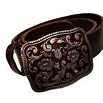 Gap Brown Leather Ladies Belt, Red Enameled Floral Buckle, Sz S Photo 0