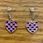 Pink Checkered Heart Dangle Earrings Photo 0
