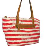 Canvas bag tan with red stripes!! Tan faux leather straps Photo 2