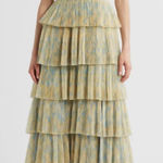 Hutch NEW Plunge V Neck Tiered Tulle Sky Floral Gown Dress sz 14 Photo 0