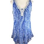 Poupette St Barth 100% Silk Blue Boho Crinkle Tunic Top L Crochet Trim Resort Size L Photo 0