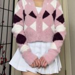 Cotton On Pink Fluffy Argyle Collared Button-Up Cardigan Sweater | Photo 1