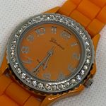 Geneva quartz analog watch orange tone rhinestones 40mm silicone band running Photo 2