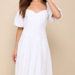 Lulus Heavenly Energy White Textured Puff Sleeve Pleated Midi Dress NWOT Photo 0