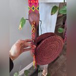 Bohemian Woven Round tooled Leather crossbody with woven Strap NWOT Brown Photo 3