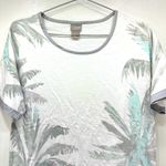 Chico's Chico’s Zenergy White Slub Cotton Top Gray Satin Trim Tropical Leaf Print Sz 1/M Photo 1
