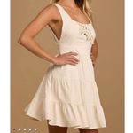 Lulus Wondrous Ways Oatmeal Beige Lace-Up Ruffle Tiered Sleeveless Mini Dress XL Photo 1
