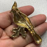 Festive Gold Tone Red Enamel Cardinal Bird Holly Leaf Christmas Brooch Photo 3