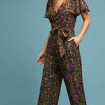 Anthropologie ett:twa Black Green Gold Floral Short Sleeve Jumpsuit Women size 4 Photo 0