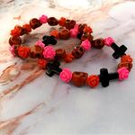 Skull Rose & Cross Handmade Beaded Bracelet Set Pink Red & Black Photo 1