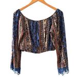 Band of Gypsies Top Women L Blouse Blue Floral Cropped Long Sleeve Lace Boho 70 Photo 0