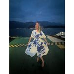 Natori White Blue Floral Collared Front Button Cinched Waist Andora Dress Size 8 Photo 14