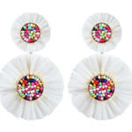 Boho Beaded Rattan Raffia Summer Statement Earrings Dangle Rainbow White 2.5" Photo 0