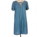 Lucky Brand  Chambray Blue Denim Dress Lace Up Short Sleeve V-Neck Large Photo 4