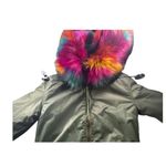 Popski Olive Green Bomber Jacket Rainbow Faux Fur Trim Multicolor Lining Women M Size 6 Photo 12