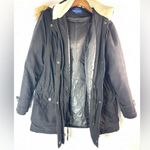 Mackintosh L Women's Fur Trim Hoodie Zip Snap Front Black Jacket Size L Photo 1
