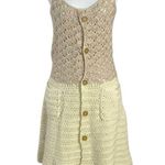 Vintage 70s Bohemian Handmade Crochet Knit Mini Dress Tan Cream Medium Belted Photo 0