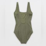 Aerie Shimmery Crinkle Scoop Full Coverage One Piece Swimsuit in Olive Fun Photo 4