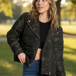 Juicy Couture  Womens Green Camo Moto Puffer Jacket Photo 0