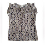 CAbi Women's Cream Blue Damask Flutter Short Sleeve Blouse Small #3074 Photo 2