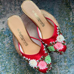 Vintage satin sequined floral evening mules, size 6 Red Photo 0