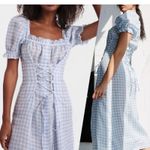 Sleeper Women's Blue Vichy Marquise Corset Linen Dress Gingham Midi Lace Up S Photo 2