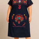 Handmade Mexican Embroidered Dress Navy Blue – Floral Huipil Cotton Size 2XL/3XL Photo 0