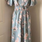 Blue and pink floral jumpsuit puff sleeve shirred Elastic Waist Photo 1