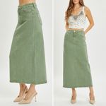NWT Risen Olive Denim Maxi Skirt Size 1XL High Rise Stretch Midi Long Jean Skirt Green Photo 7
