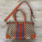 Gucci Purse Monogram Vintage Web Small Boston Orange Blue Shoulder Bag Rare Photo 3