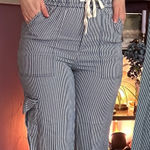 FRNCH Paris S Blue White Striped 100% Cotton Cargo High Waisted Pants Photo 0