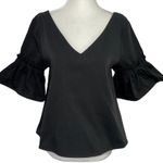 Hers & Mine New Double V Neck Blouse Ruffle Flare Sleeve Shirt Black Photo 0