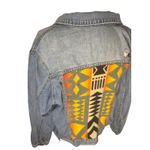 Denim Jacket Aztec Blanket Back Distressed‎ Jean Coat Western Style Blue Size M Photo 2