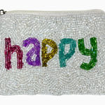 Shirdee Beaded "Happy" White Rainbow Cloth Back Zip Card Pouch Coin Purse Photo 0