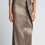 Rickie Freeman Teri Jon Bronze One Shoulder Jacquard Peplum Formal Gown 16 Silver Photo 0