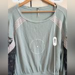 Free People  Balloon Long Sleeve Casual Clash Thermal Top Mint Green Floral SZ M Photo 5